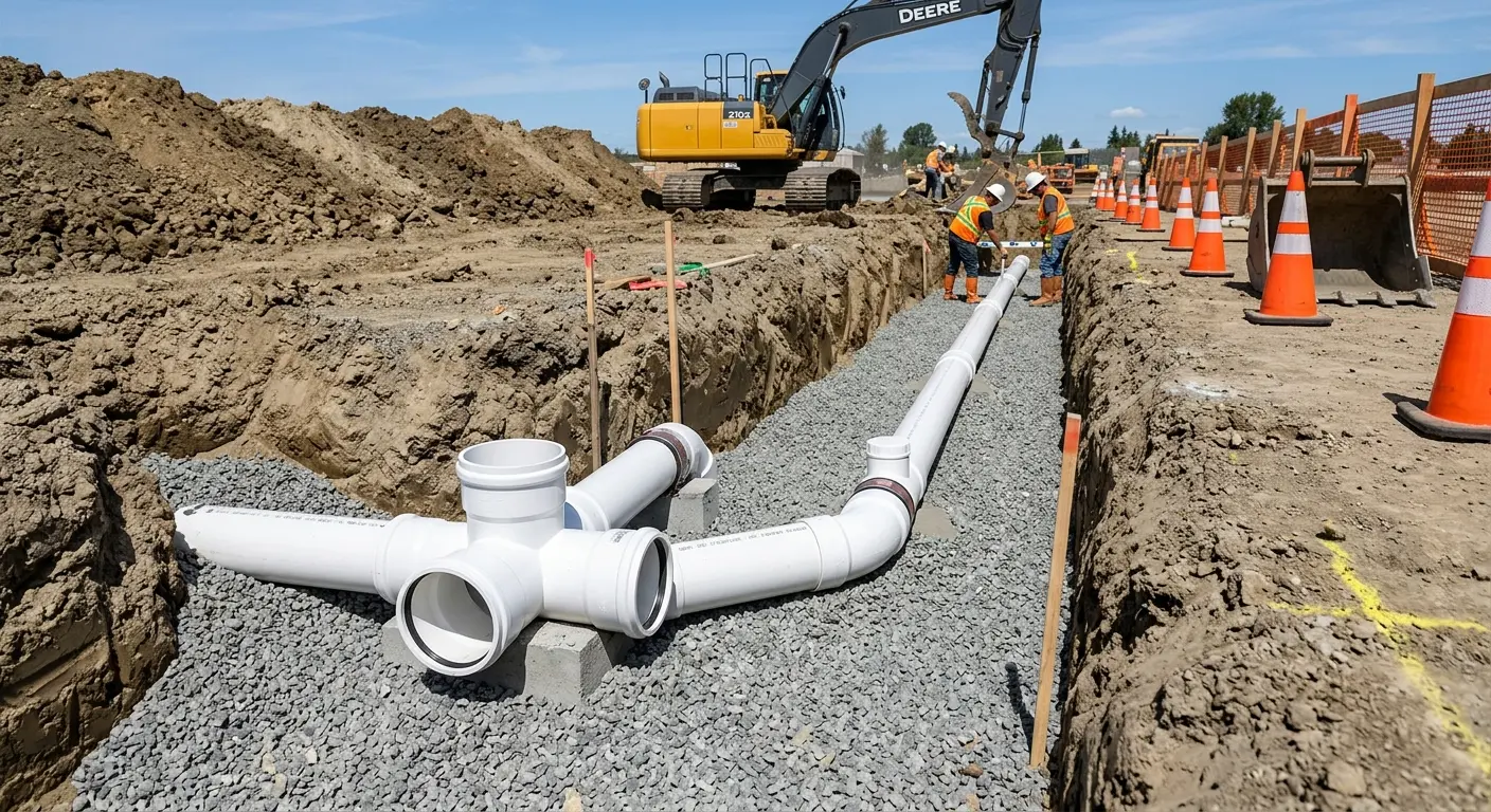 New PVC sewer pipe installation in open trench for Sewer Backup in Childress