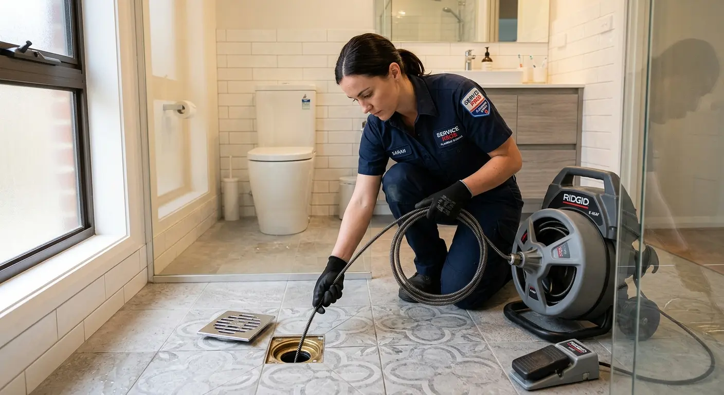 Technician clearing a bathroom floor drain for Hydro Jetting in Childress